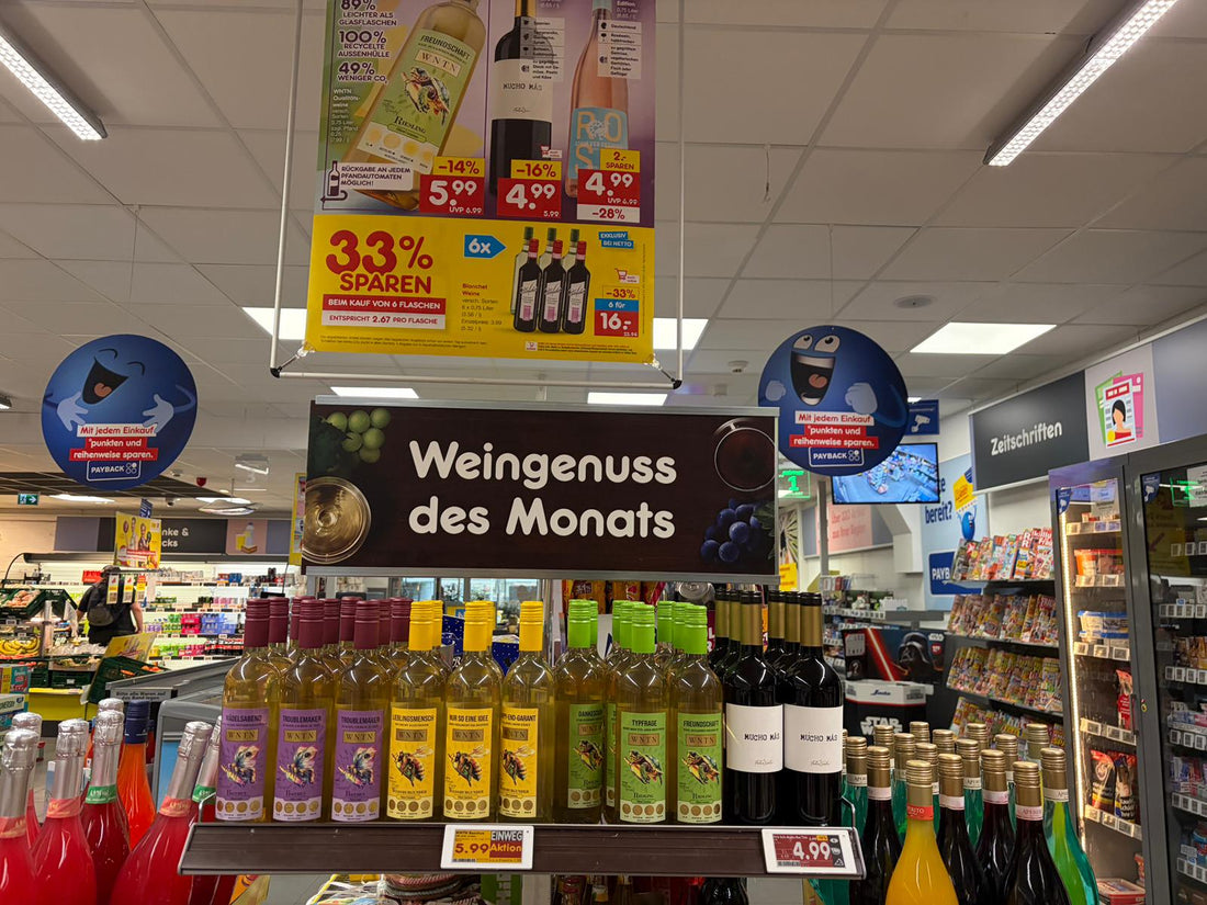 WNTN-Weine in einer „Weingenuss des Monats“-Aktionsfläche bei Netto Marken-Discount