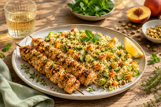 Gegrillte Zitronen-Hähnchen-Spieße mit Pfirsich-Couscous, Gurke und frischen Kräutern