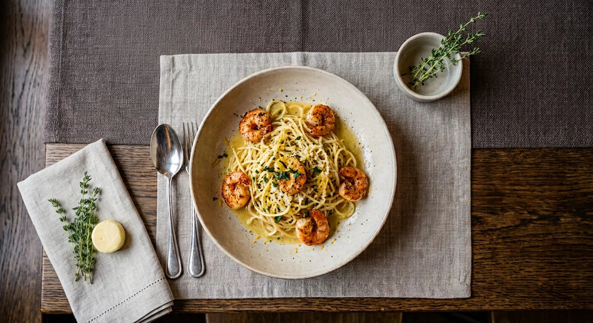 Spaghetti al Limone mit gebratenen Garnelen & Wildkräutersalat zu Rosé Secco