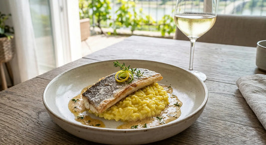 Wo Säure auf Schmelz trifft: Krosser Zander, cremiges Risotto und der perfekte WNTN Riesling-Match für deinen Gaumen.