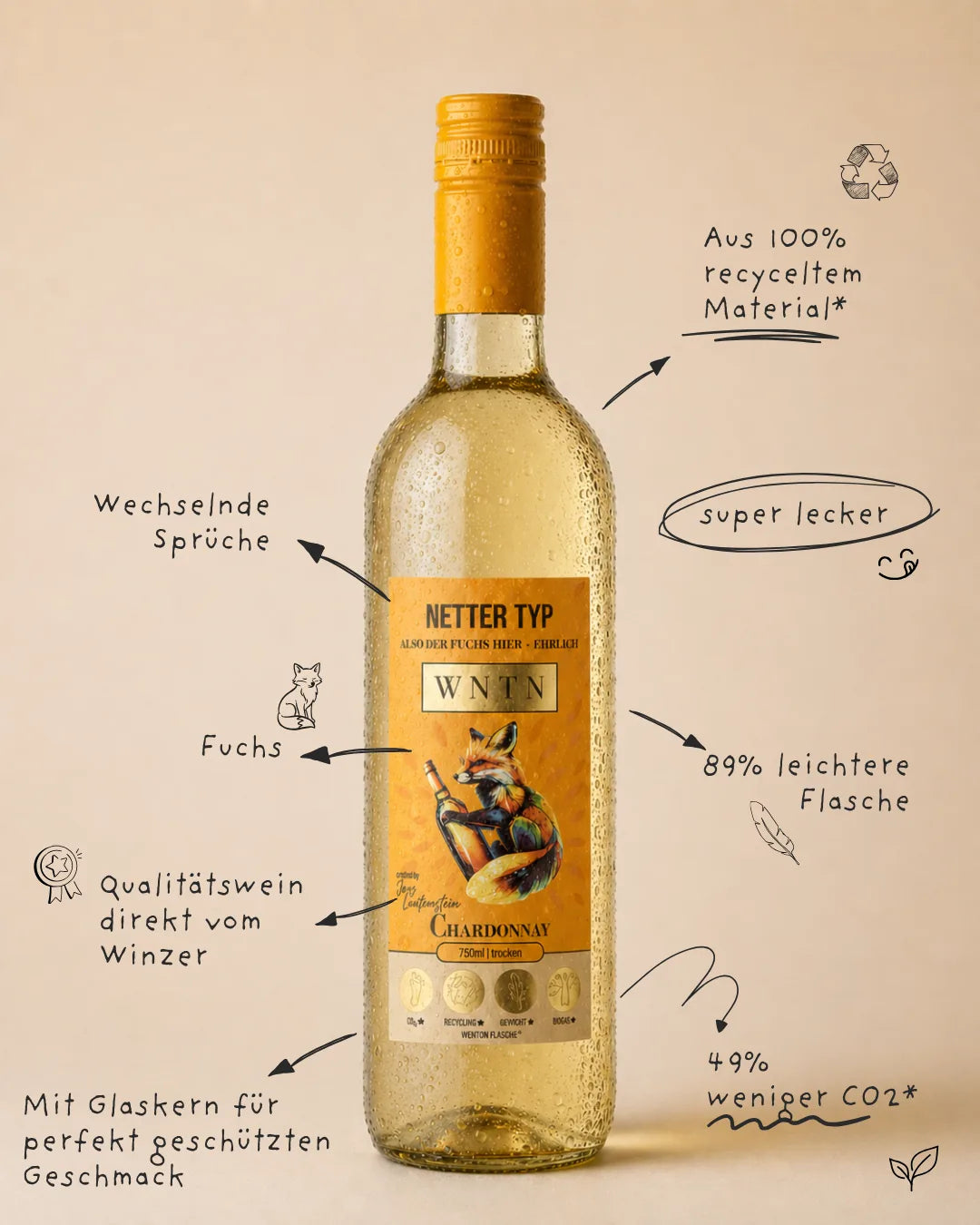 WNTN Chardonnay trocken in nachhaltiger Wein-Pfandflasche und Geschenkbox